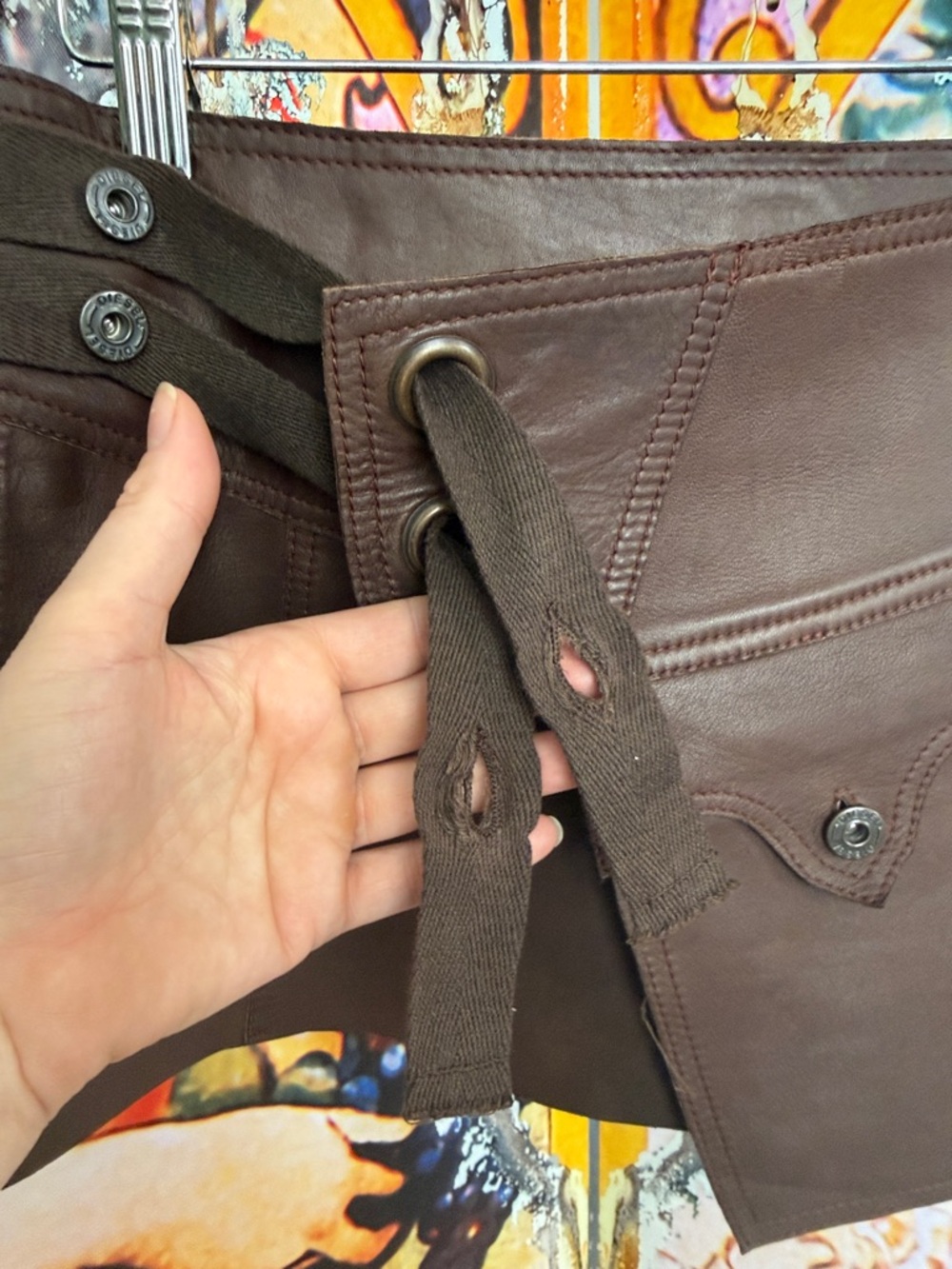 Diesel Vintage Chocolate Soft Leather Wrap Mini Skirt with Button Accent - Picture 10 of 17